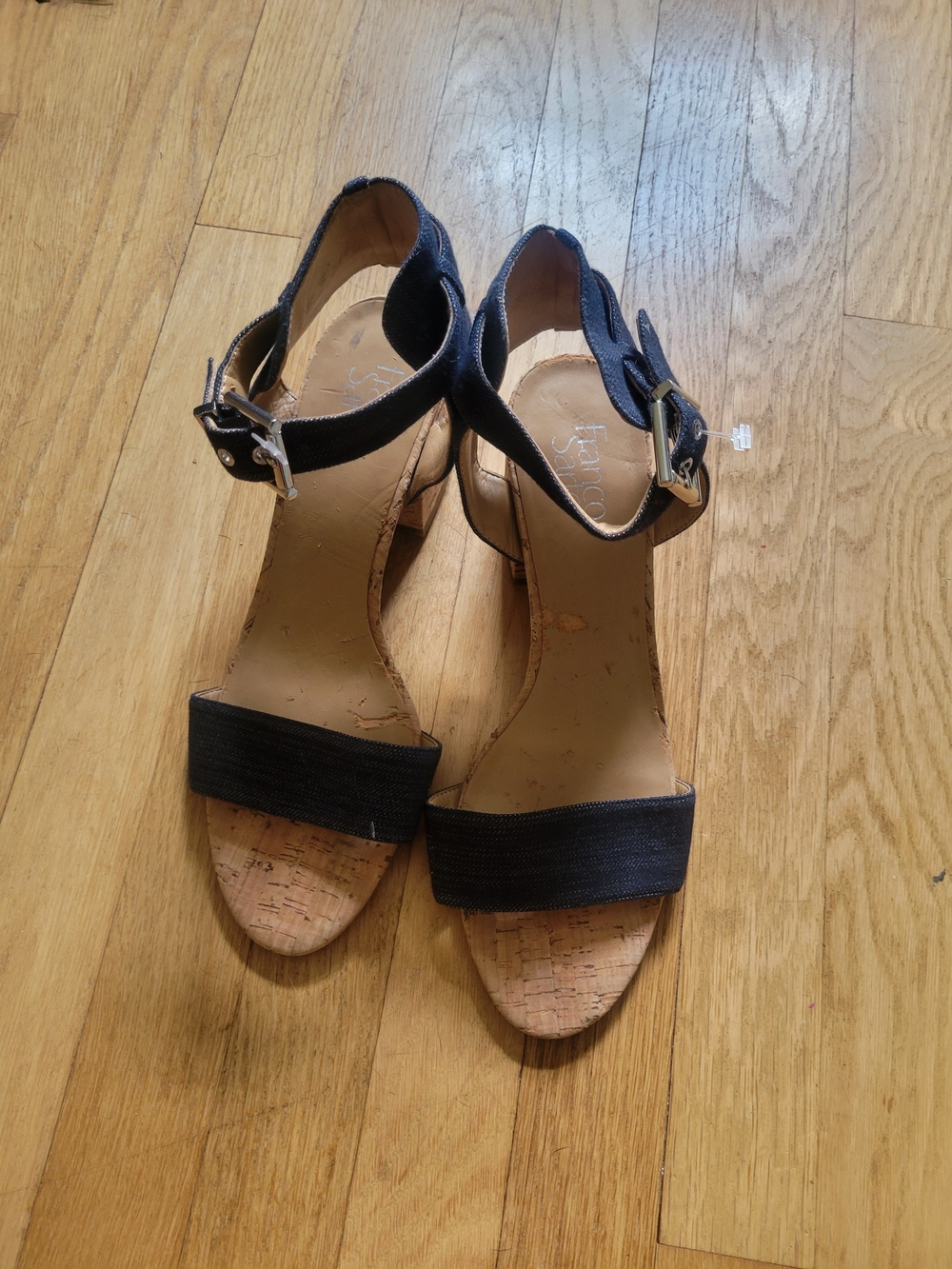 Franco Sarto Black Cork Wedge Ankle-Strap Sandals